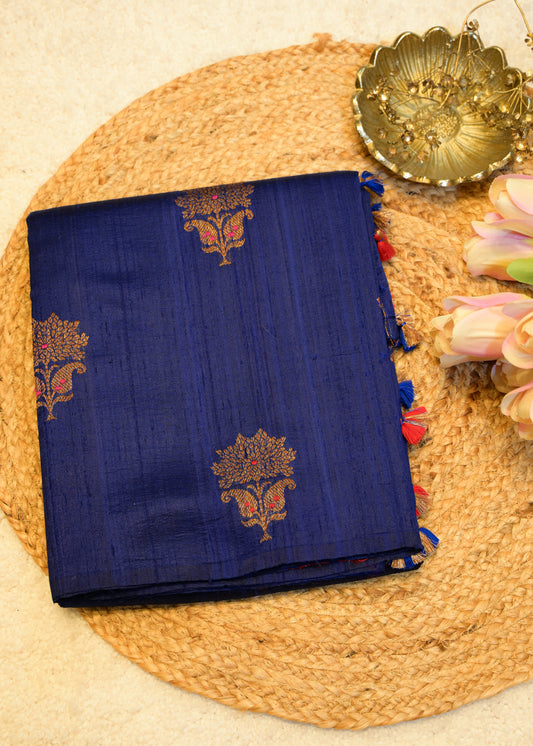 Blue Raw Silk Neem Zari Boota Saree with Unstitched Blouse