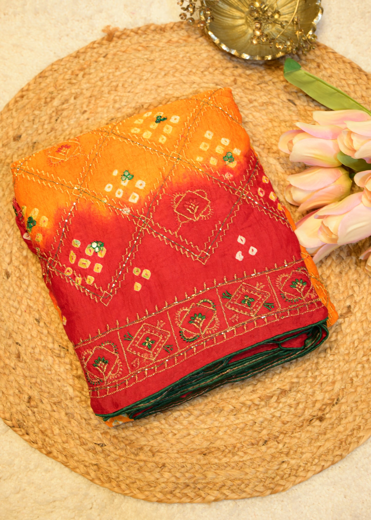 Red & Yellow Bhandhani Gajji Contrasting Saree with Unstitched Blouse