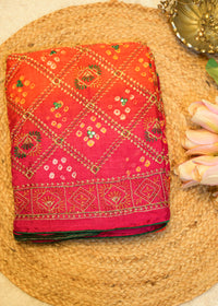 Pink & Orange Bhandhani Gajji Contrasting Saree with Unstitched Blouse