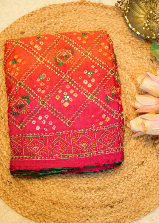 Pink & Orange Bhandhani Gajji Contrasting Saree with Unstitched Blouse