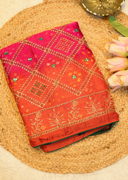 Orange & Pink Bhandhani Gajji Contrasting Saree with Unstitched Blouse