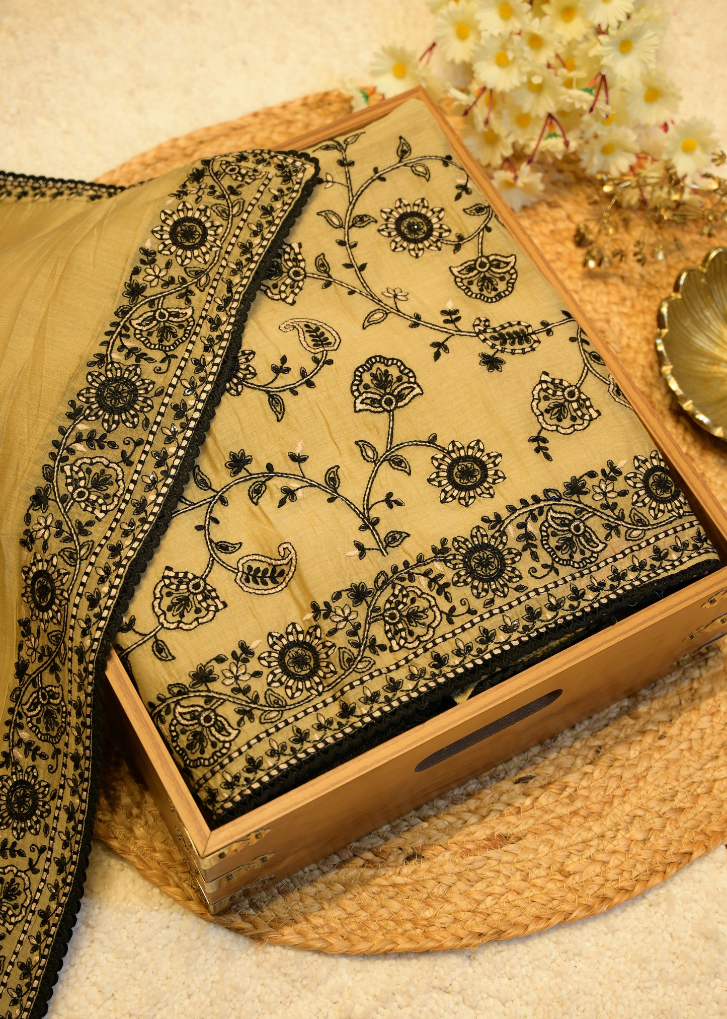 Tuba Beige & Black Aari Work Unstitched Suit Set