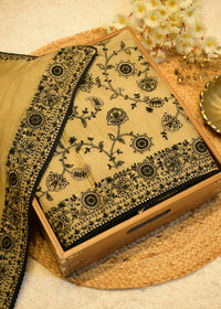 Tuba Beige & Black Aari Work Unstitched Suit Set