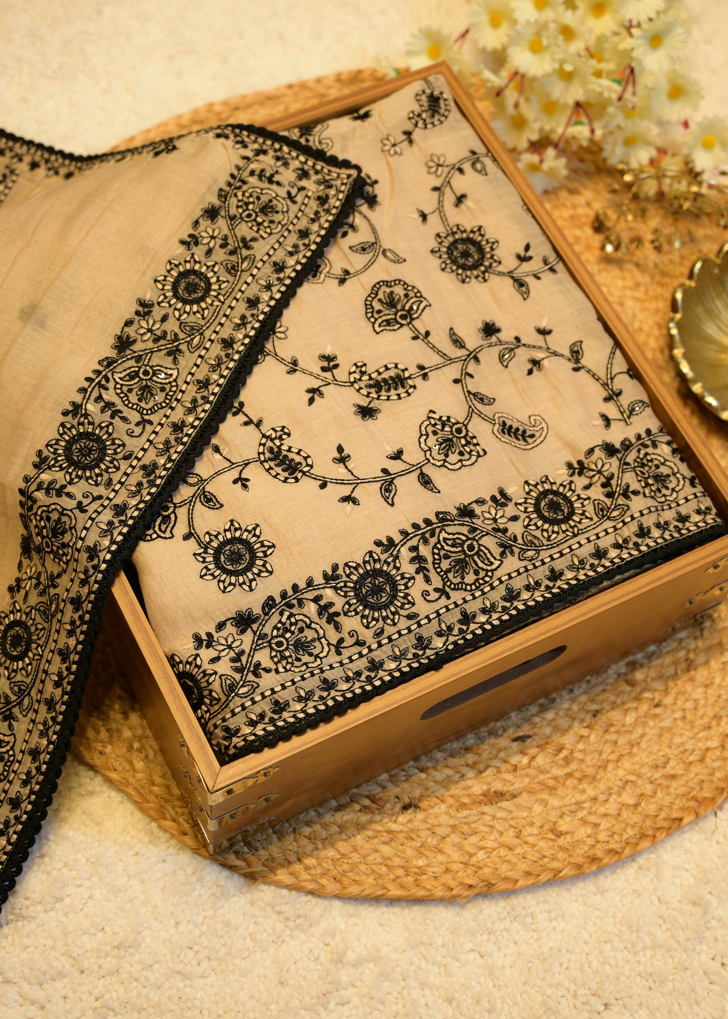 Zuri Black Aari Work Embroidered Unstitched Suit Set