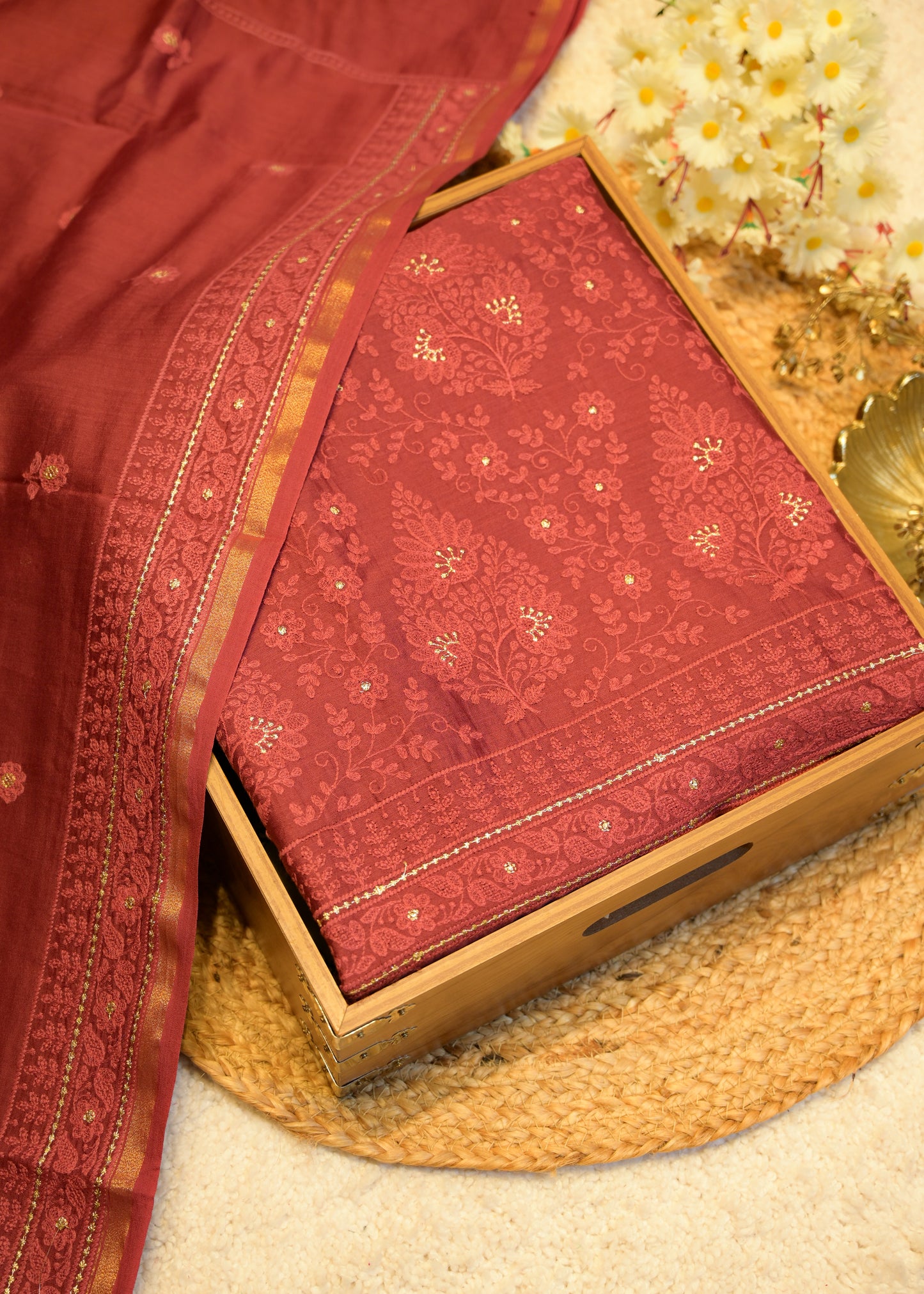 Sunanda Maroon Shadow Embroidered Unstitched Suit Set