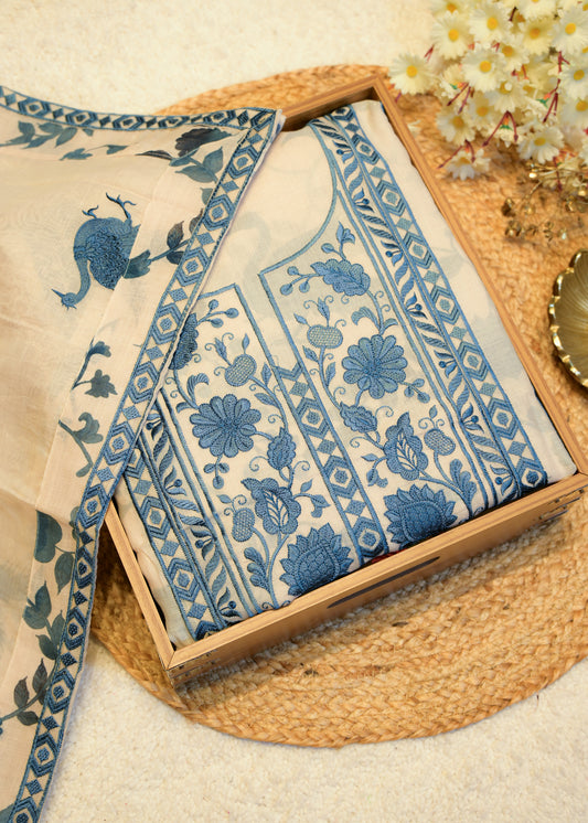 Neelima White & Blue Shadow Embroidery Unstitched Suit Set