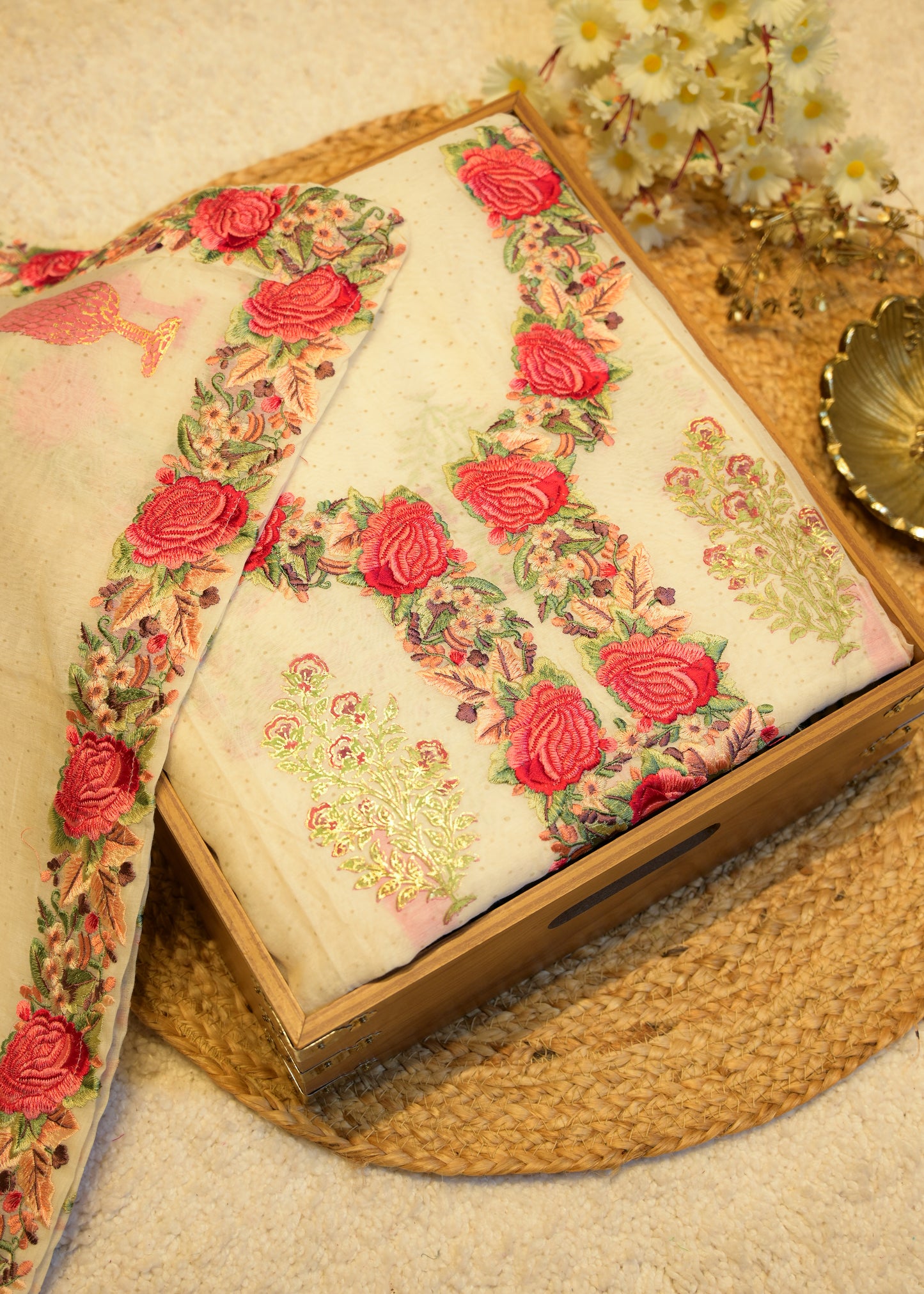 Sunahri Satin Stitch Embroidered Unstitched Suit Set