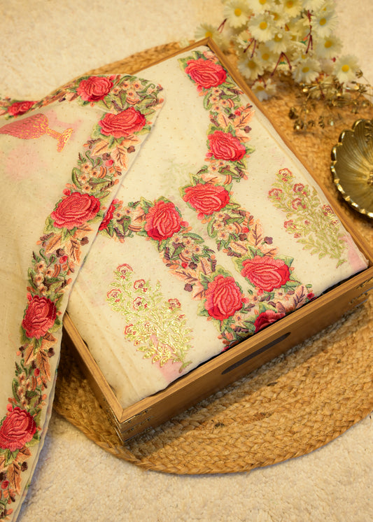 Sunahri Satin Stitch Embroidered Unstitched Suit Set