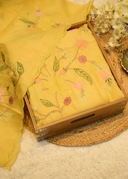 Seeya Yellow Appliqué Unstitched Suit Set