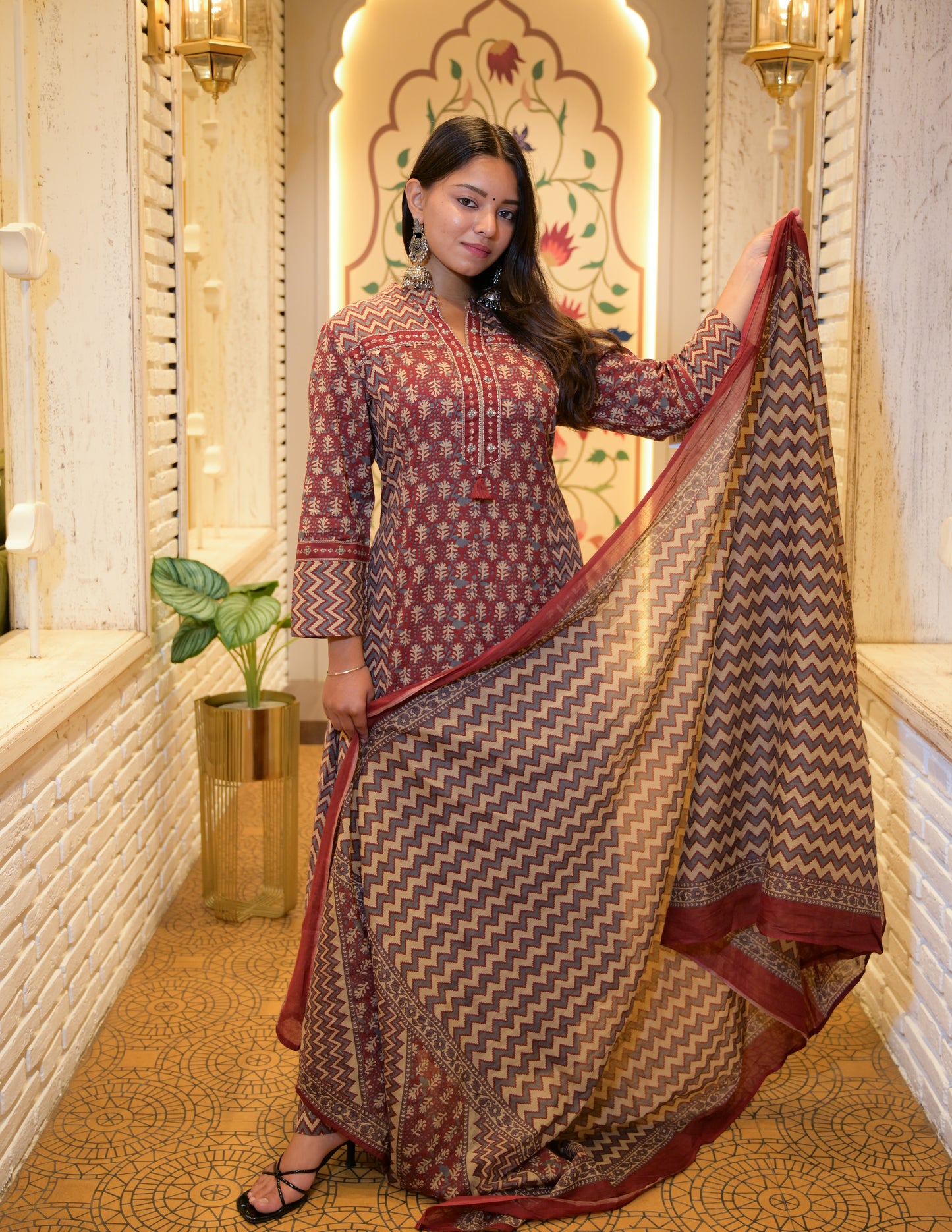 Falguni Rust Dabu Cotton Stitched Suit Set