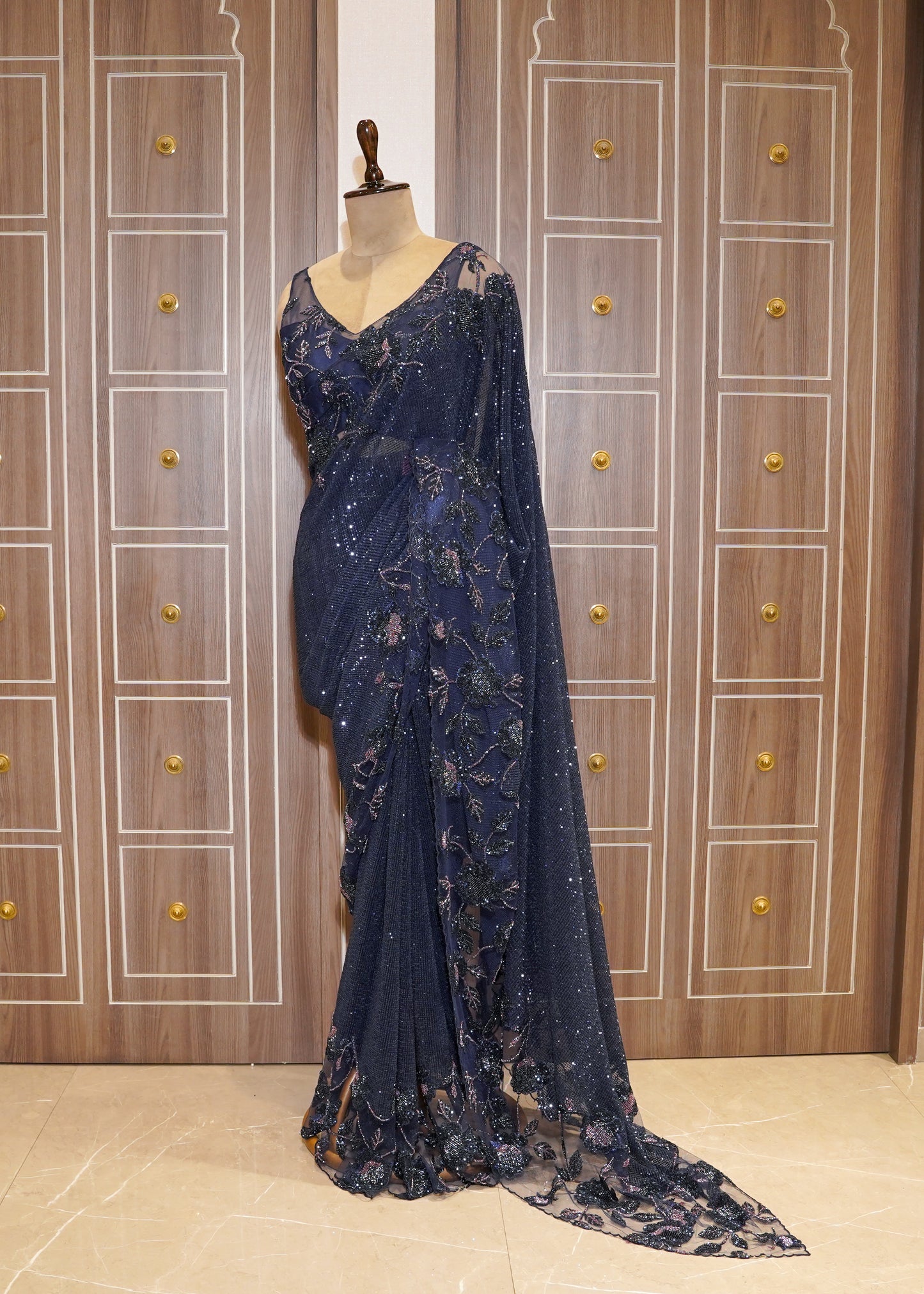 Midnight Blue Hand Embroidered Sequence Saree with Stitched Hand Embroidered Blouse