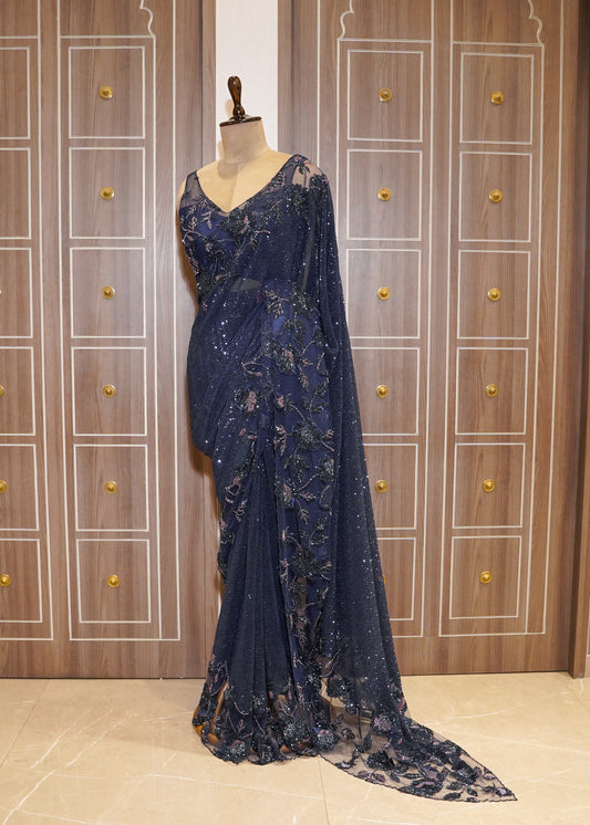 Midnight Blue Hand Embroidered Sequence Saree with Stitched Hand Embroidered Blouse
