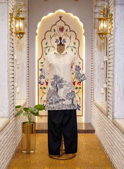 Cream Cotton Printed Co-ord Set with Collars and Black Bottom