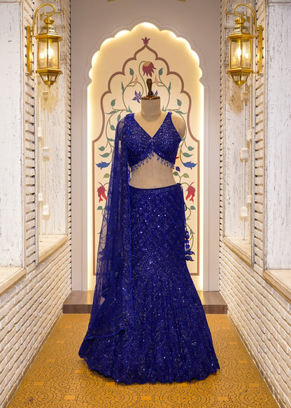 Electric Blue Bead Embroidered Crop Top Fish-cut Skirt Set