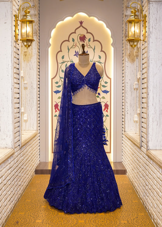 Electric Blue Bead Embroidered Crop Top Fish-cut Skirt Set