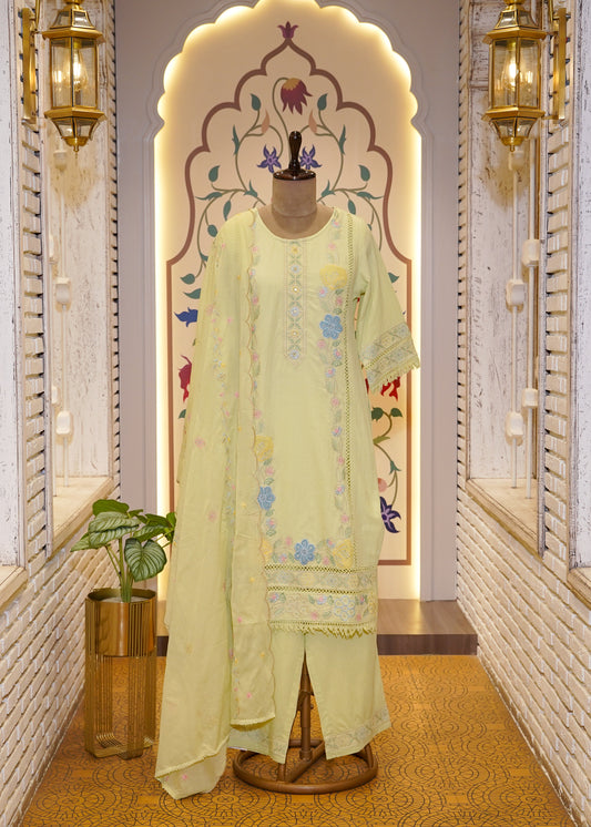 Light Lemon Cotton Thread Embroidered 3 pc Kurti Set