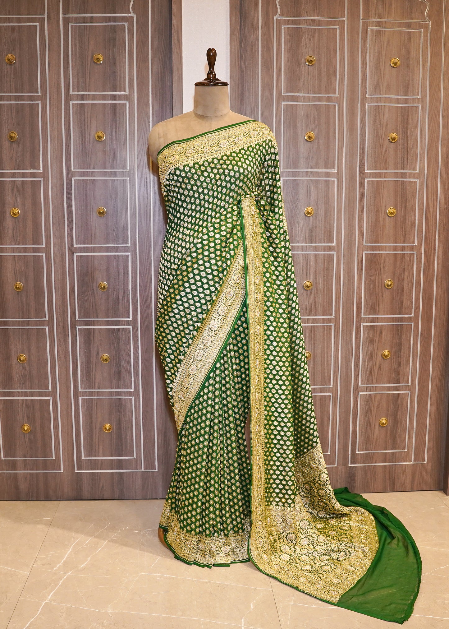 Bottle Green khadi Georgette Booti Saree with Zardozi Embroidery
