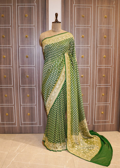 Bottle Green khadi Georgette Booti Saree with Zardozi Embroidery