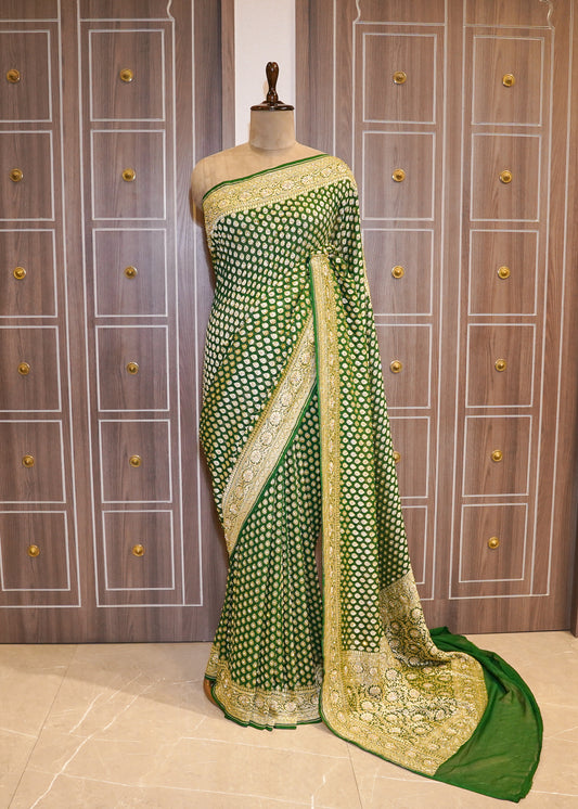 Bottle Green khadi Georgette Booti Saree with Zardozi Embroidery