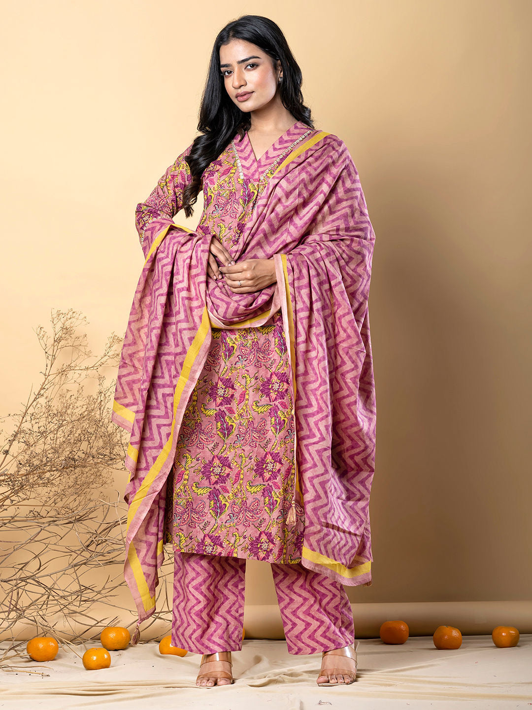 Pallavi Purple & Yellow Stitched Suit Set