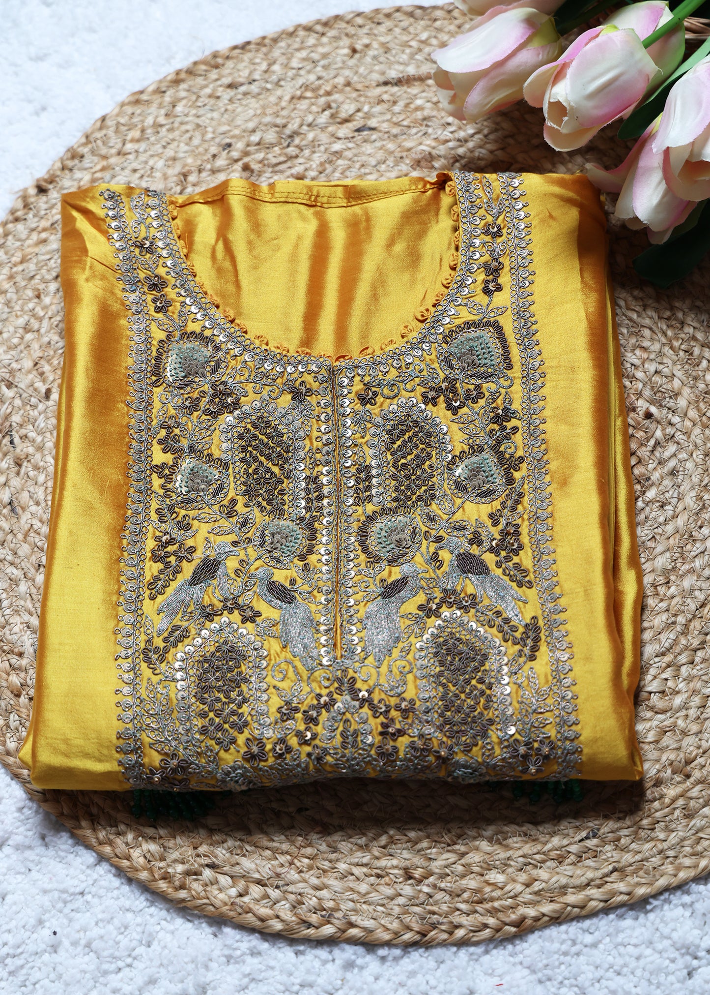 Peela Phool French knot Handcrafted Unstitched Suit Set