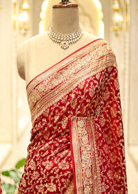 Nazini Mehroon Satin Silk Jaal Saree with Unstitched Blouse