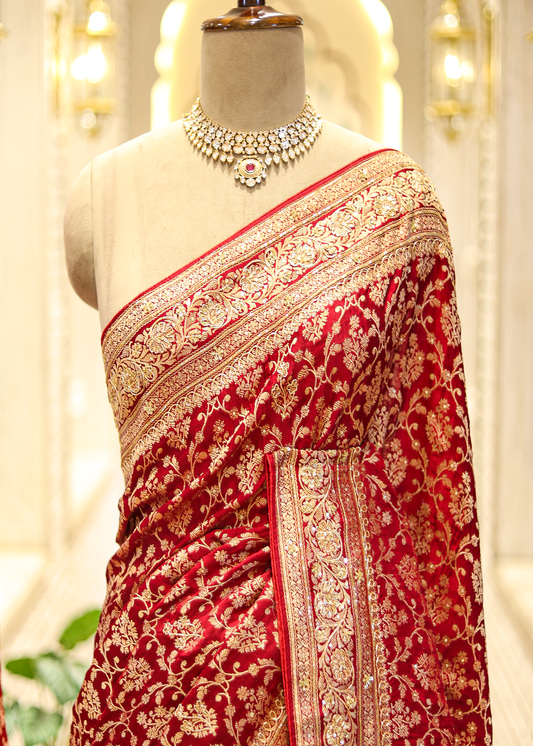 Nazini Mehroon Satin Silk Jaal Saree with Unstitched Blouse