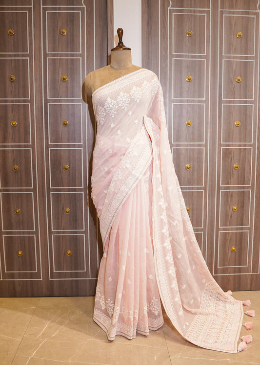 Pink Mul Cotton Thread Embroidered Saree with Unstitched Blouse