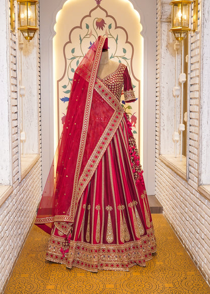 Royal Dual Tone Red & Deep Red Handcrafted Bridal Lehenga with 2 Dupattas