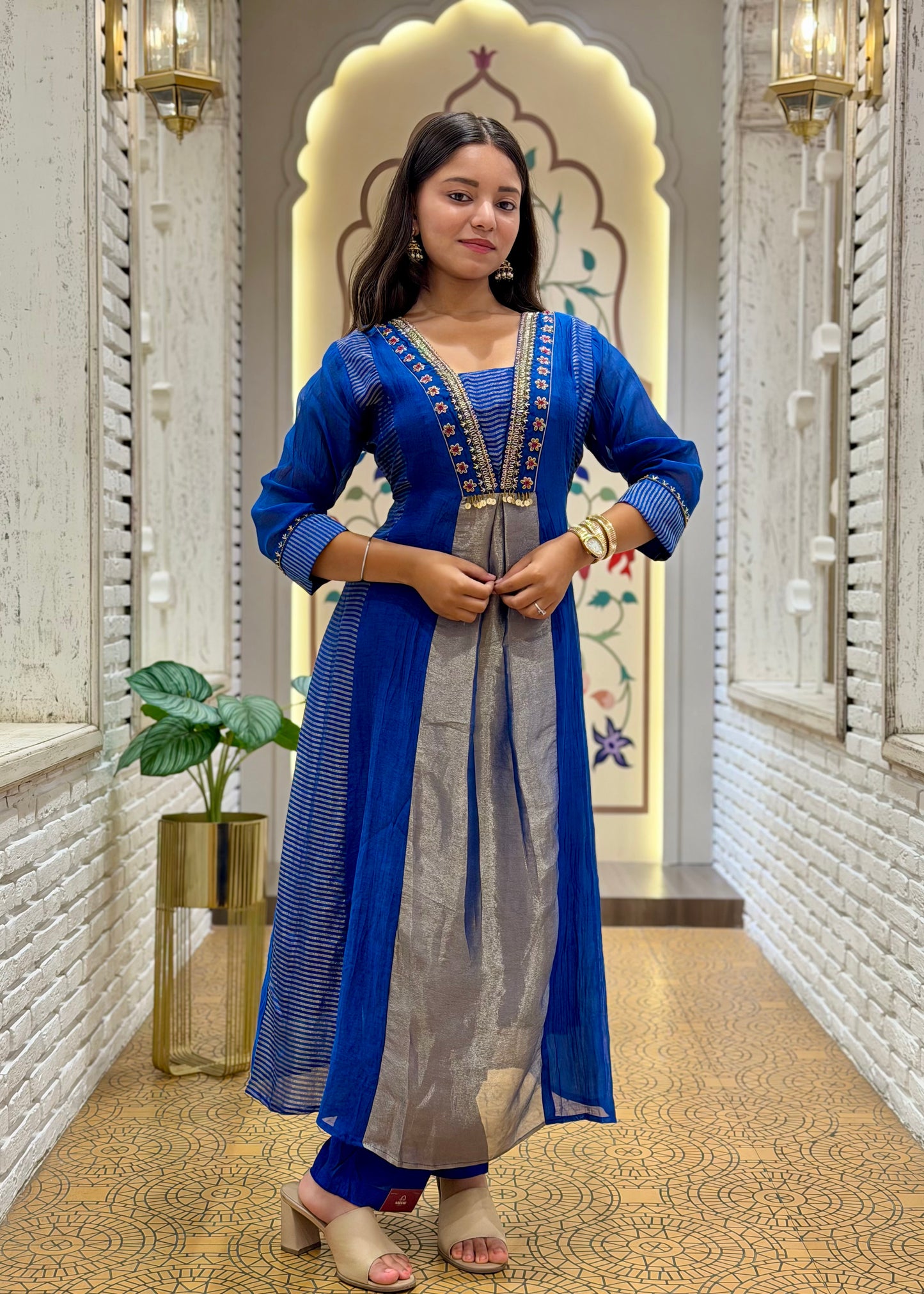 Electric Blue Mul Cotton Tissue Kurti Set