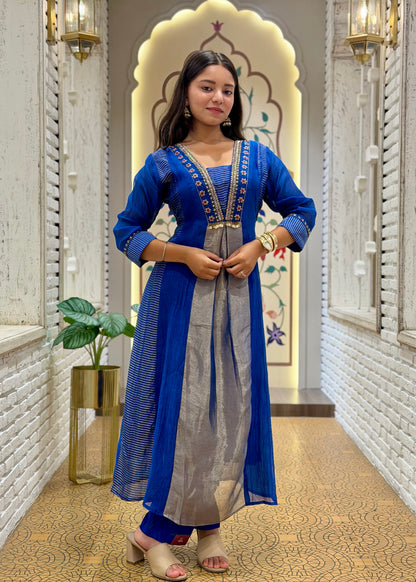 Electric Blue Mul Cotton Tissue Kurti Set