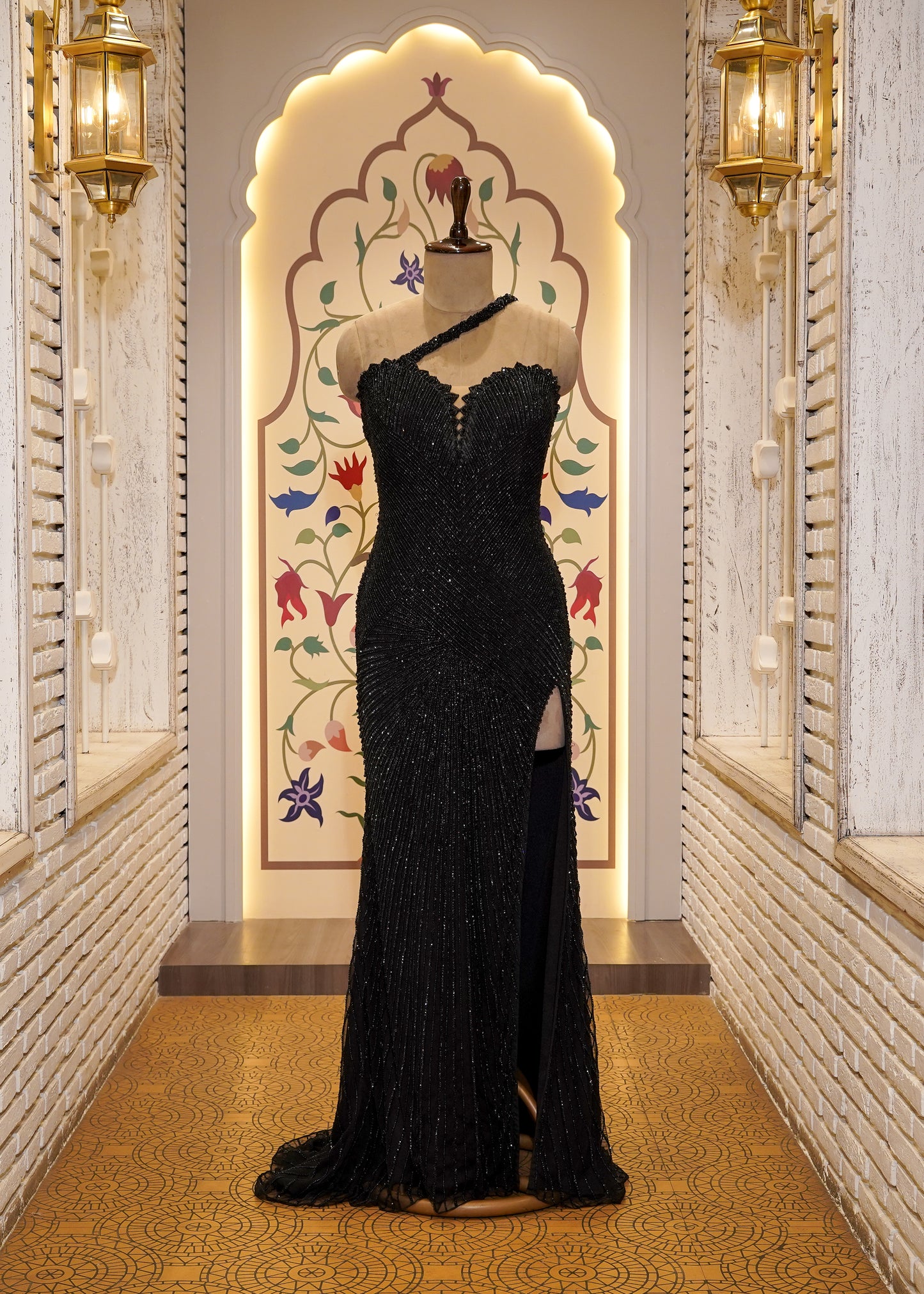 Black Hand Embroidered Body Hugging Gown with Slit