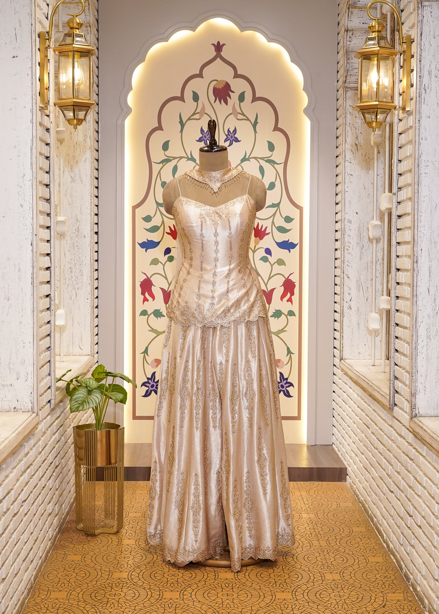 Beige Dori Embroidered Short Shirt and Plazo Set with Choker Dupatta