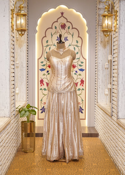 Beige Dori Embroidered Short Shirt and Plazo Set with Choker Dupatta