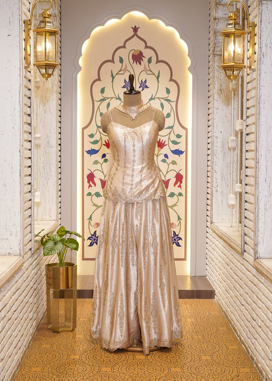 Beige Dori Embroidered Short Shirt and Plazo Set with Choker Dupatta