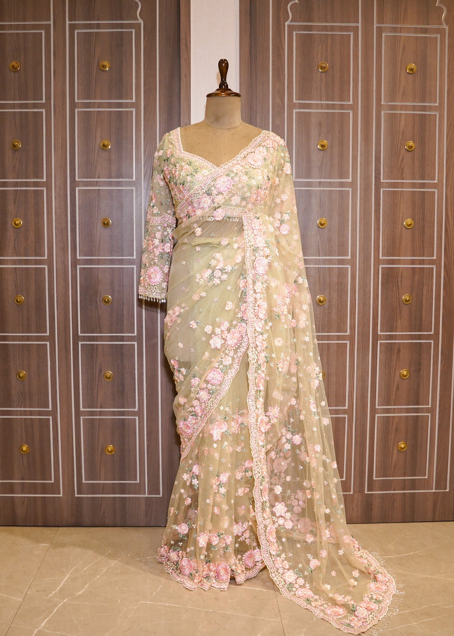 Pista Floral Embroidered Net Saree with Stitched Blouse
