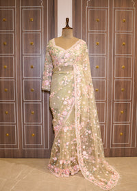 Pista Floral Embroidered Net Saree with Stitched Blouse