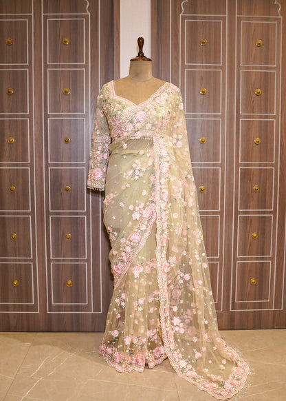Pista Floral Embroidered Net Saree with Stitched Blouse
