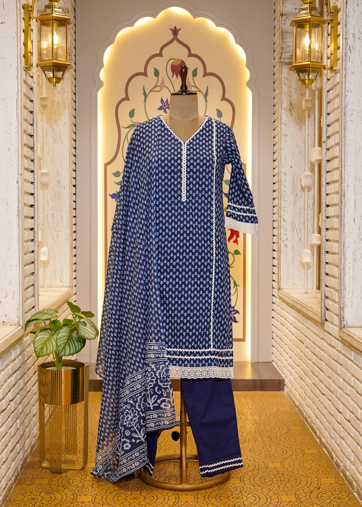 Blue Cotton Printed 3 pc Kurti Set with Lace Work