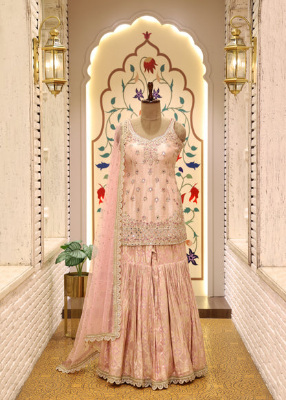 Moti Pearl Pink Short Kurti Sharara Set