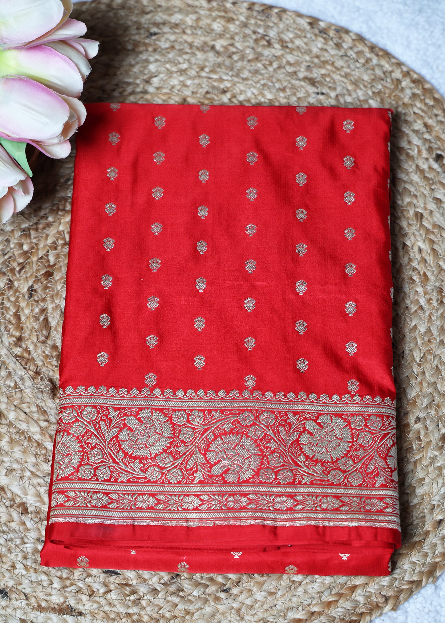 Red Booti & Zari Border Banarasi Saree with Unstitched Blouse