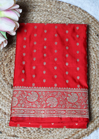 Red Booti & Zari Border Banarasi Saree with Unstitched Blouse