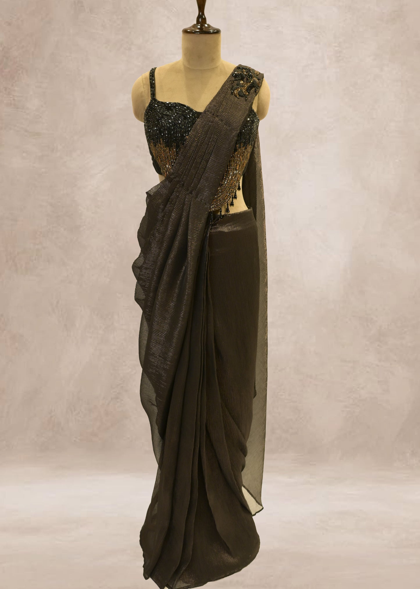 Charcoal Grey Crush Tissue Drape Saree With Hand Embroidered Black Crop Top