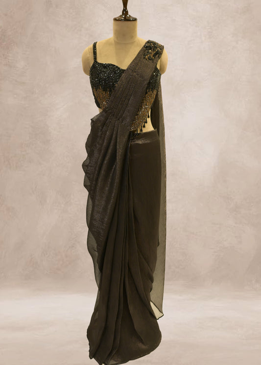 Charcoal Grey Crush Tissue Drape Saree With Hand Embroidered Black Crop Top