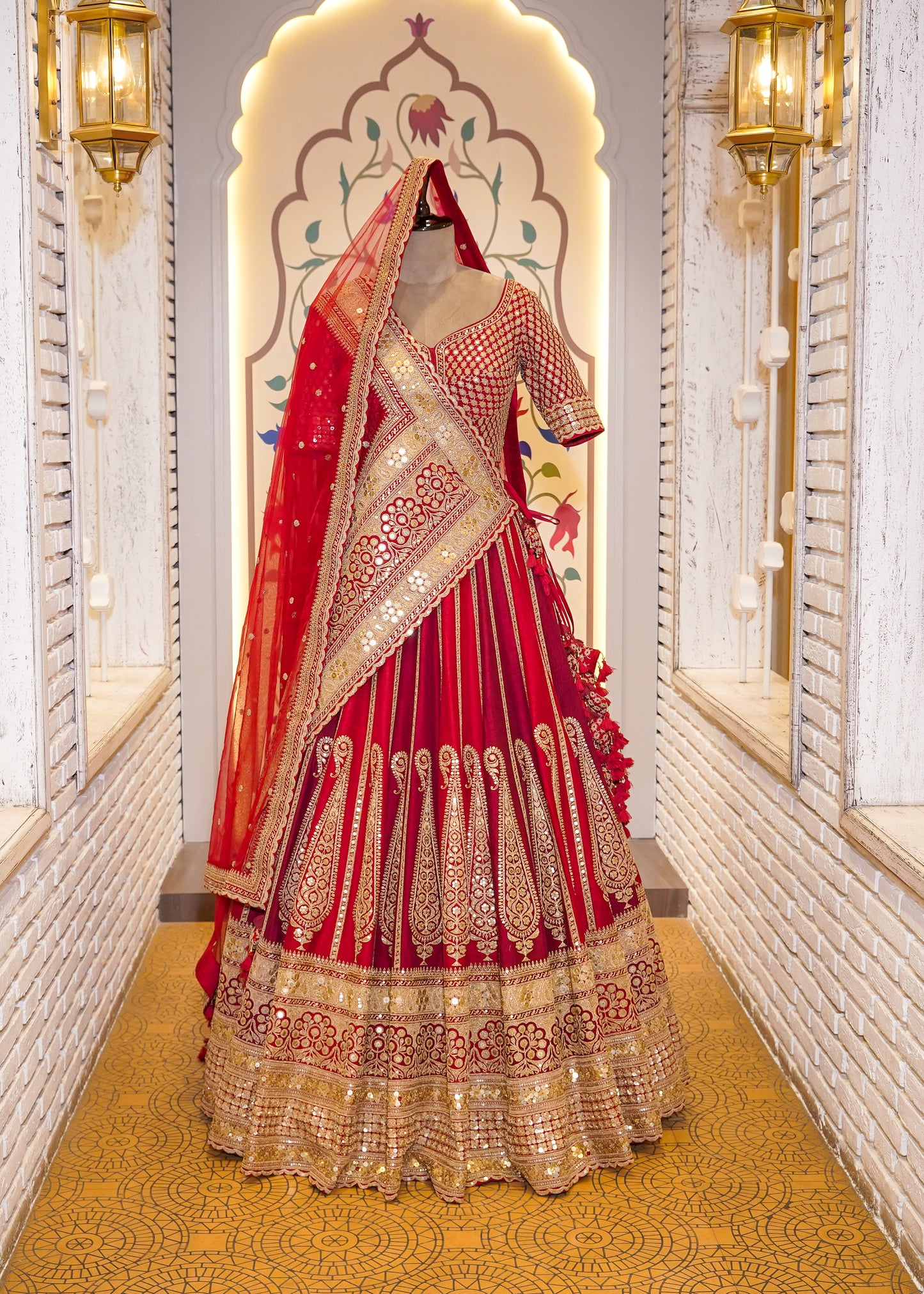Royal Dual Tone Red & Deep Red Handcrafted Bridal Lehenga with Paisely Motifs & 2 Dupattas
