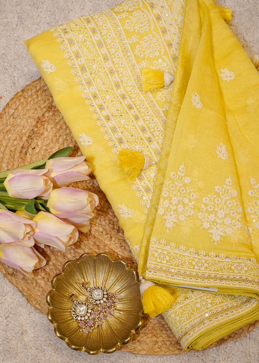 Yellow Mul Cotton Thread Embroidered Saree with Unstitched Blouse