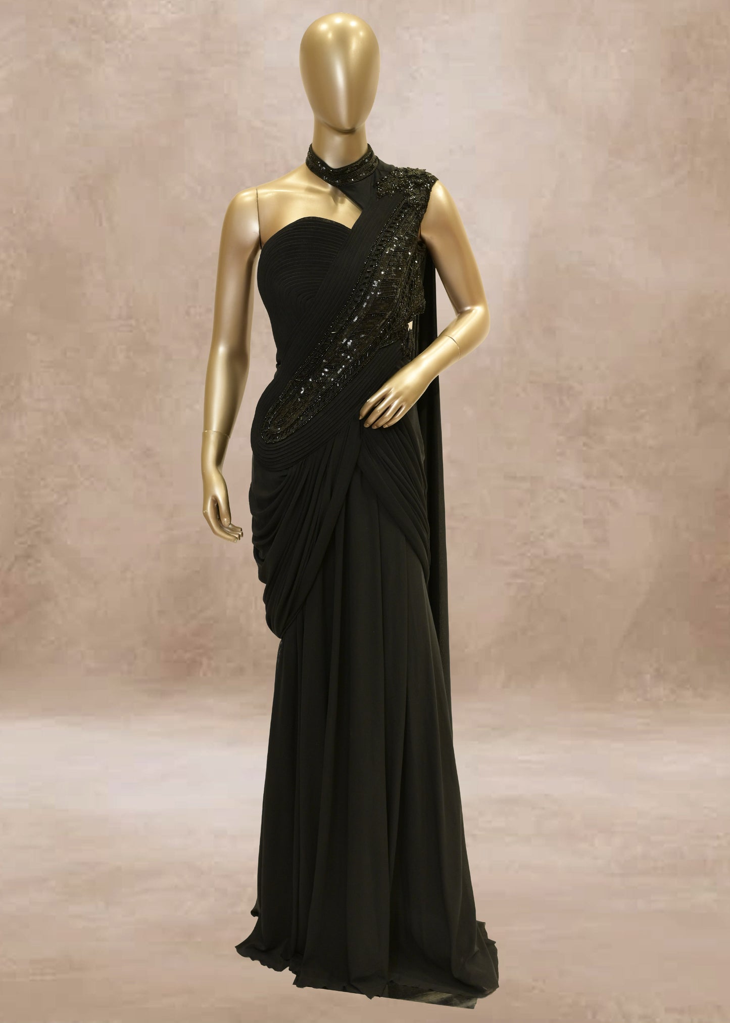 Black Sequins Embroidered Drape Style Gown