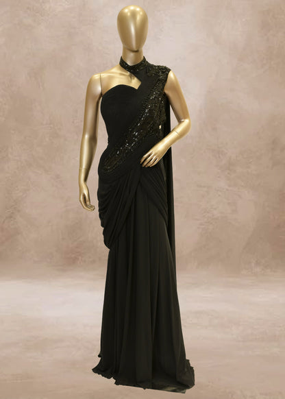 Black Sequins Embroidered Drape Style Gown