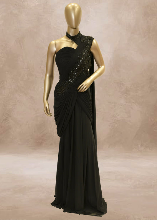 Black Sequins Embroidered Drape Style Gown