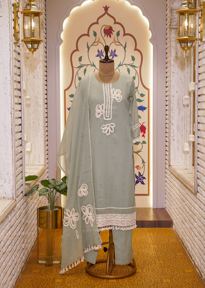 Pista Green Mul Cotton Thread Embroidered 3 pc Kurti Set